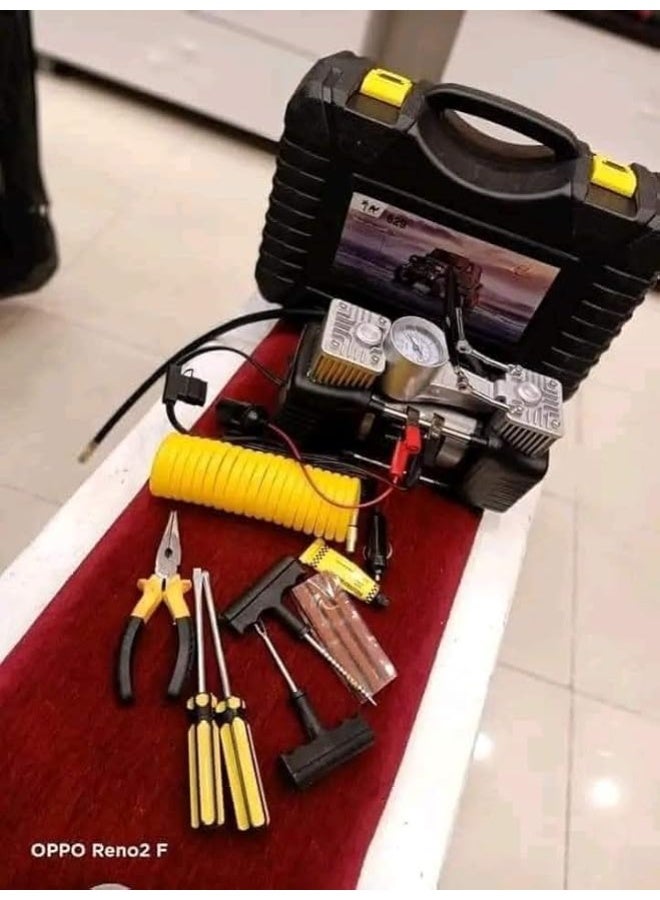 Heavy Duty 12V Dual Cylinder Air Compressor Kit - 85LPM High Capacity Tire Inflator with Professional Emergency Repair Tools and Hard Case - 3.15kg - Image 1